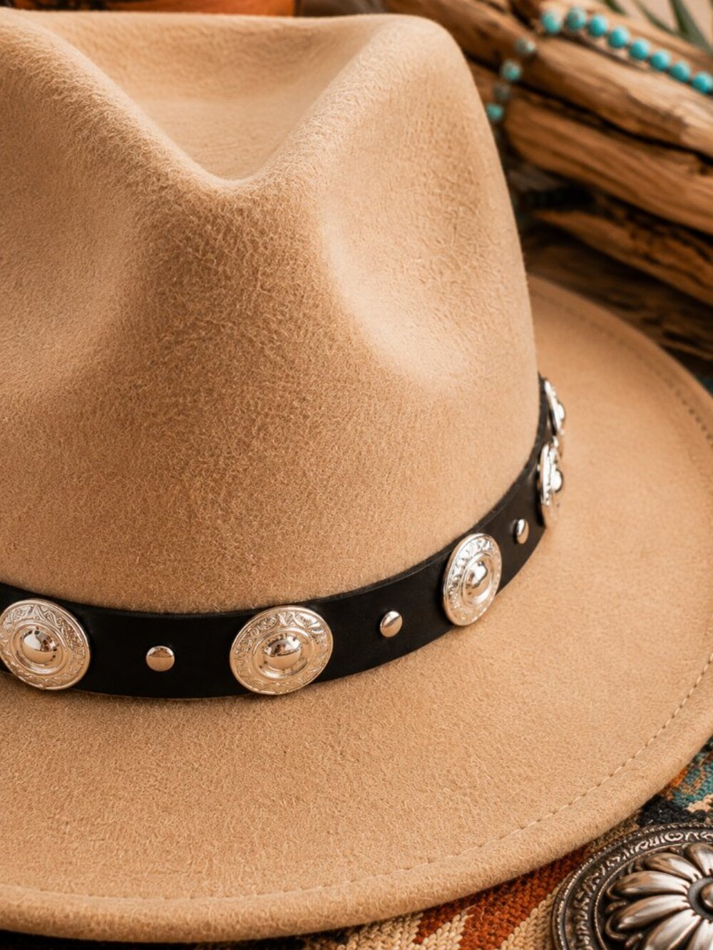 Southwestern Western Tan Felt Fedora Cowboy Hat Black Band Silver Conchos Boho - Picture 2 of 4